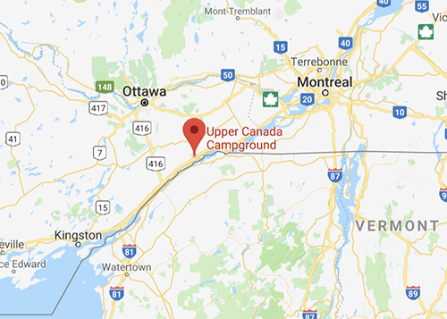image of upper canada campground on a google map, located between kingston and Ottawa